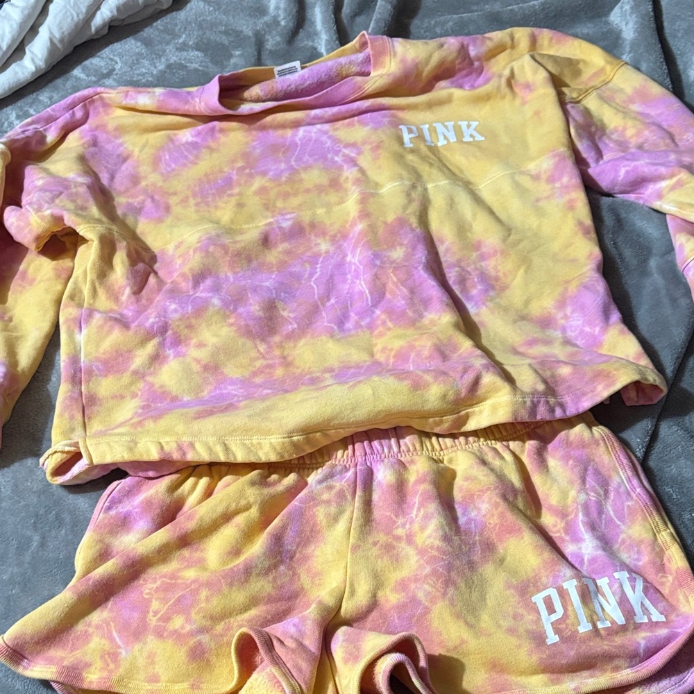 PINK Victoria's Secret Kids Tie-Dye Pajama Set - Pink and Yellow